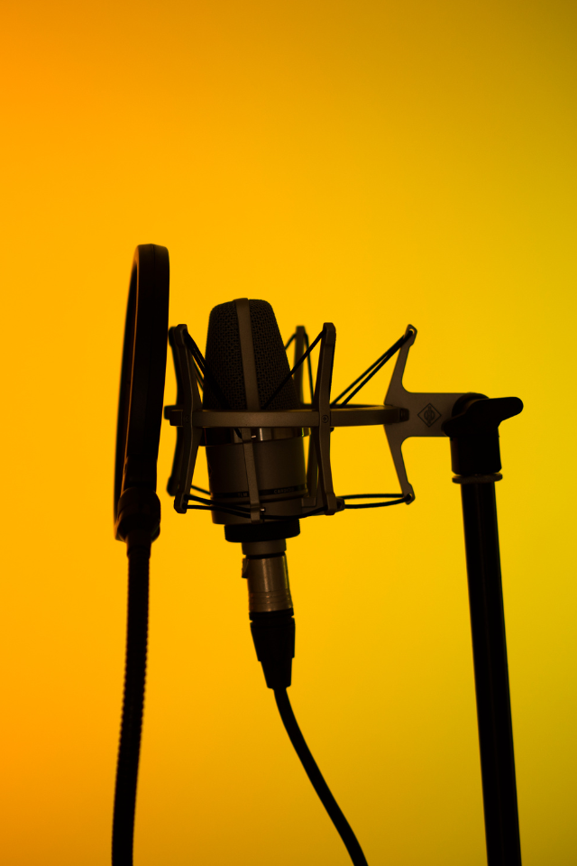 microphone with windscreen and yellow/orange background