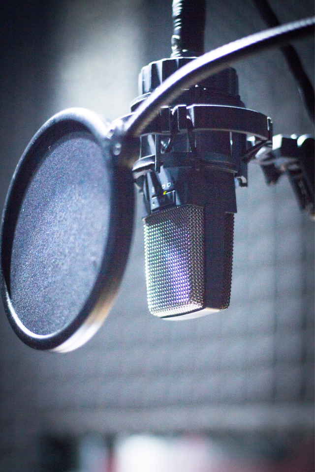 Microphone with a windscreen in a sound studio